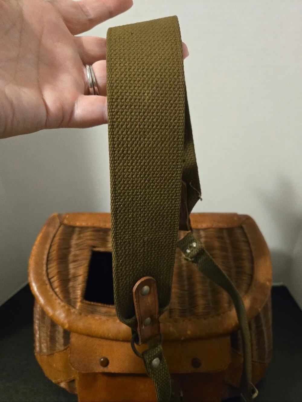 Vintage Fishing Creel Basket Wicker Leather W/Strap Twistons Line Sinkers Cabin